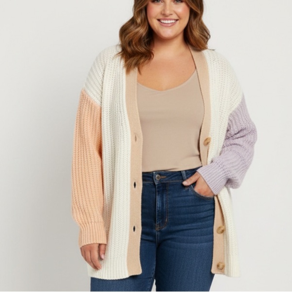 NWT Oversized Chunky Knit Pastel Colorblock Cardigan | Boho Chic Cozy Sweater
